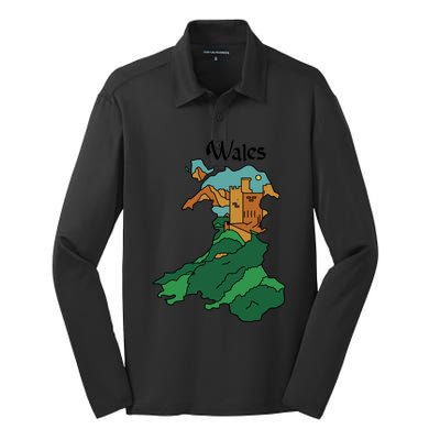 Welsh Map And Castle Heritage Pride Gift Silk Touch Performance Long Sleeve Polo