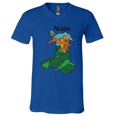 Welsh Map And Castle Heritage Pride Gift V-Neck T-Shirt