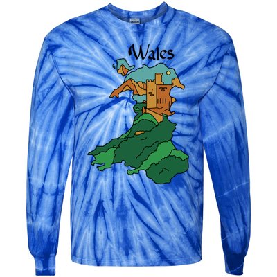 Welsh Map And Castle Heritage Pride Gift Tie-Dye Long Sleeve Shirt