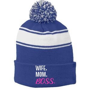 Wife Mom Boss Mother Great Gift Stripe Pom Pom Beanie