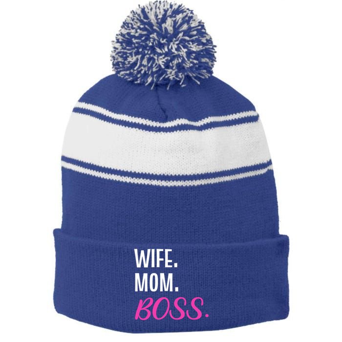 Wife Mom Boss Mother Great Gift Stripe Pom Pom Beanie