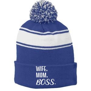 Wife Mom Boss Mother Gift Stripe Pom Pom Beanie