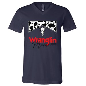 Wrangling Mama Bull Skull Leopard Western Mother's Day V-Neck T-Shirt