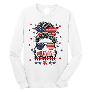 Womens Messy Bun 4th Of July Patriotic Af Pregnant Pregnancy Funny Long Sleeve Shirt