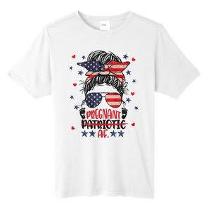 Womens Messy Bun 4th Of July Patriotic Af Pregnant Pregnancy Funny Tall Fusion ChromaSoft Performance T-Shirt