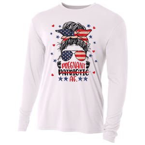 Womens Messy Bun 4th Of July Patriotic Af Pregnant Pregnancy Funny Cooling Performance Long Sleeve Crew