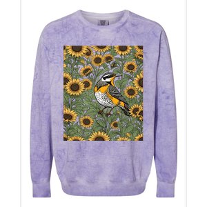 Western Meadowlark Bird Surrounded By Sunflowers Gift Colorblast Crewneck Sweatshirt