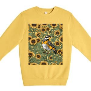 Western Meadowlark Bird Surrounded By Sunflowers Gift Premium Crewneck Sweatshirt