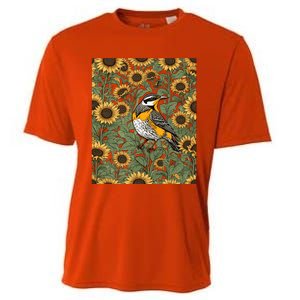 Western Meadowlark Bird Surrounded By Sunflowers Gift Cooling Performance Crew T-Shirt