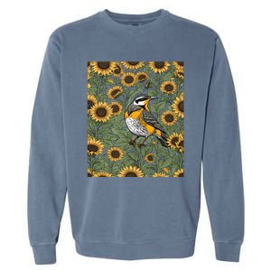 Western Meadowlark Bird Surrounded By Sunflowers Gift Garment-Dyed Sweatshirt