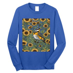 Western Meadowlark Bird Surrounded By Sunflowers Gift Long Sleeve Shirt