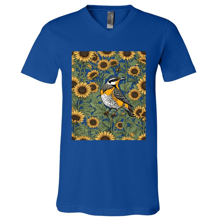 Western Meadowlark Bird Surrounded By Sunflowers Gift V-Neck T-Shirt