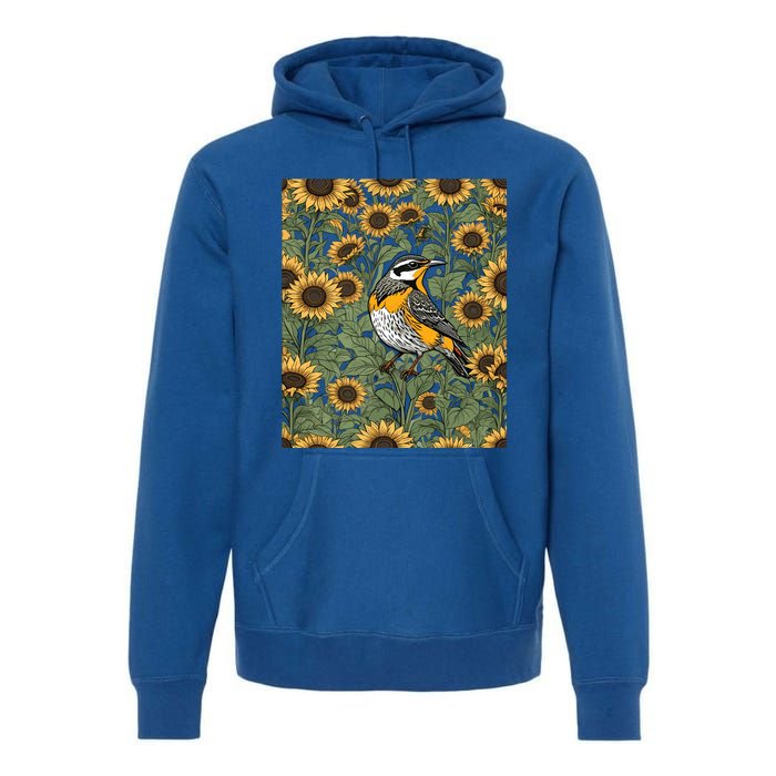 Western Meadowlark Bird Surrounded By Sunflowers Gift Premium Hoodie