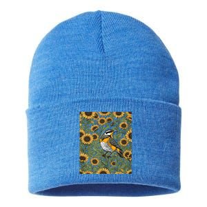 Western Meadowlark Bird Surrounded By Sunflowers Gift Sustainable Knit Beanie