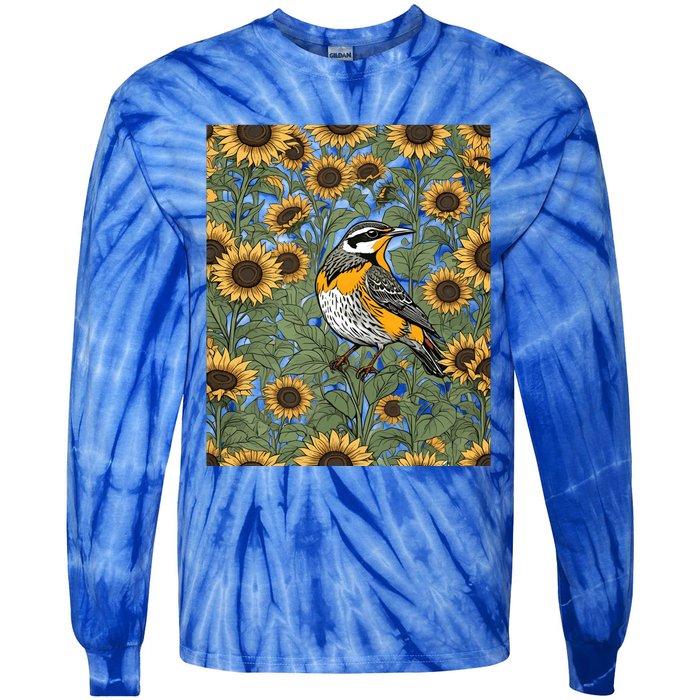 Western Meadowlark Bird Surrounded By Sunflowers Gift Tie-Dye Long Sleeve Shirt