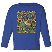 Western Meadowlark Bird Surrounded By Sunflowers Gift Toddler Long Sleeve Shirt