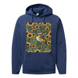 Western Meadowlark Bird Surrounded By Sunflowers Gift Performance Fleece Hoodie