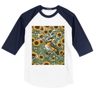 Western Meadowlark Bird Surrounded By Sunflowers Gift Baseball Sleeve Shirt