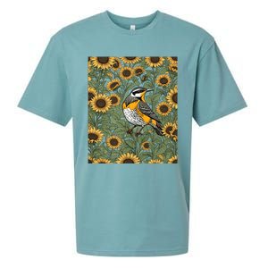 Western Meadowlark Bird Surrounded By Sunflowers Gift Sueded Cloud Jersey T-Shirt