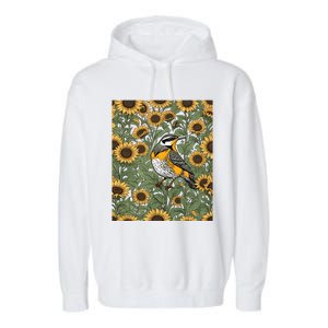 Western Meadowlark Bird Surrounded By Sunflowers Gift Garment-Dyed Fleece Hoodie