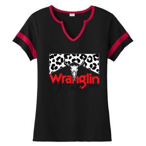 Wrangling Mama Bull Skull Leopard Western Mother's Day Ladies Halftime Notch Neck Tee