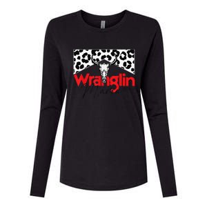 Wrangling Mama Bull Skull Leopard Western Mother's Day Womens Cotton Relaxed Long Sleeve T-Shirt