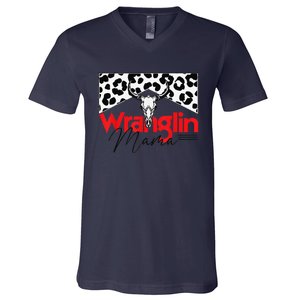 Wrangling Mama Bull Skull Leopard Western Mother's Day V-Neck T-Shirt