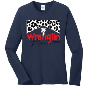 Wrangling Mama Bull Skull Leopard Western Mother's Day Ladies Long Sleeve Shirt