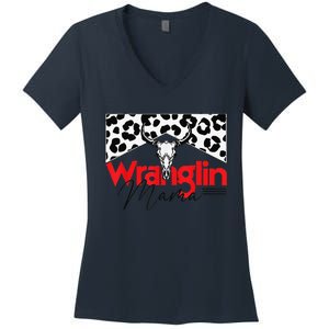 Wrangling Mama Bull Skull Leopard Western Mother's Day Women's V-Neck T-Shirt