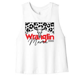 Wrangling Mama Bull Skull Leopard Western Mother's Day Women's Racerback Cropped Tank