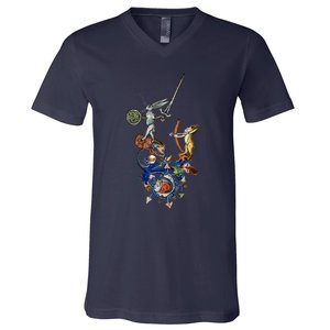 Weird Medieval Bestiary Killer Rabbits With Sword And Bow V-Neck T-Shirt