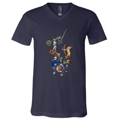 Weird Medieval Bestiary Killer Rabbits With Sword And Bow V-Neck T-Shirt