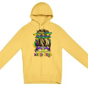 Wo Messy Bun Mardi Gras Feathered Mask Mardi Gras Party Gift Premium Pullover Hoodie