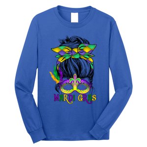 Wo Messy Bun Mardi Gras Feathered Mask Mardi Gras Party Gift Long Sleeve Shirt