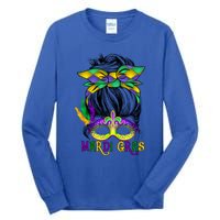 Wo Messy Bun Mardi Gras Feathered Mask Mardi Gras Party Gift Tall Long Sleeve T-Shirt