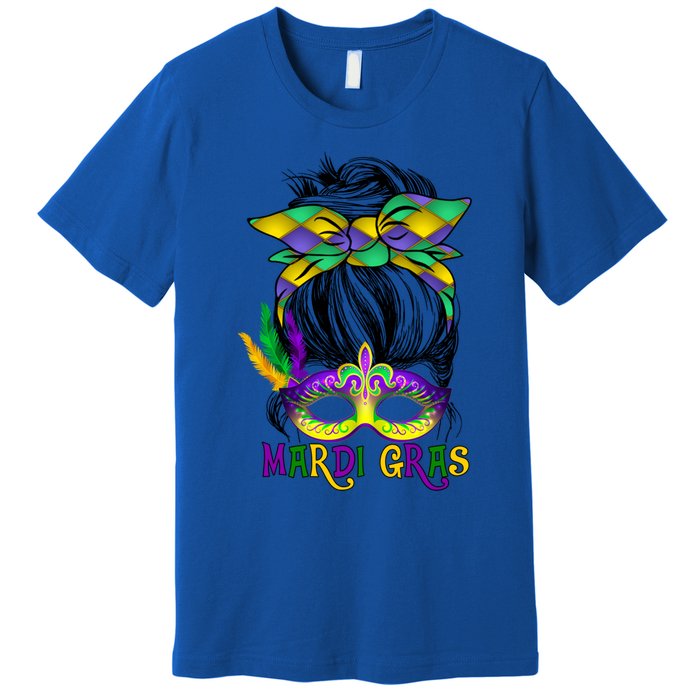 Wo Messy Bun Mardi Gras Feathered Mask Mardi Gras Party Gift Premium T-Shirt