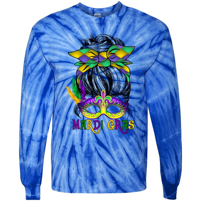 Wo Messy Bun Mardi Gras Feathered Mask Mardi Gras Party Gift Tie-Dye Long Sleeve Shirt