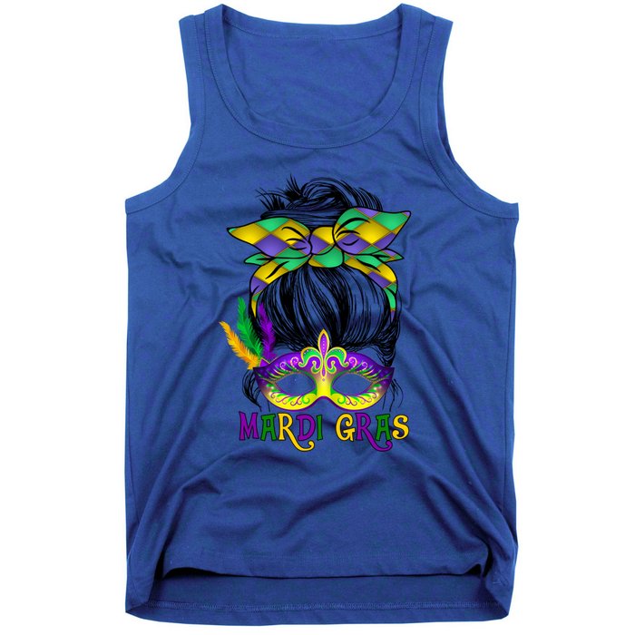 Wo Messy Bun Mardi Gras Feathered Mask Mardi Gras Party Gift Tank Top