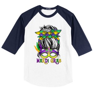 Wo Messy Bun Mardi Gras Feathered Mask Mardi Gras Party Gift Baseball Sleeve Shirt