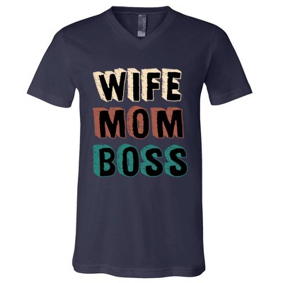 Wife Mom Boss Vintage Retro Happy Mother's Day Funny Gift V-Neck T-Shirt