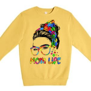 Wo Messy Bun Leopard Autistic Autism Awareness Mom Life Gift Premium Crewneck Sweatshirt