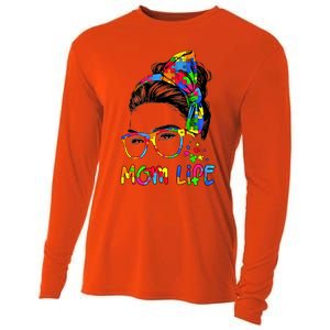 Wo Messy Bun Leopard Autistic Autism Awareness Mom Life Gift Cooling Performance Long Sleeve Crew