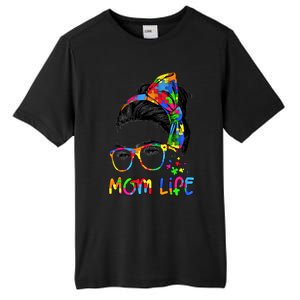 Wo Messy Bun Leopard Autistic Autism Awareness Mom Life Gift Tall Fusion ChromaSoft Performance T-Shirt