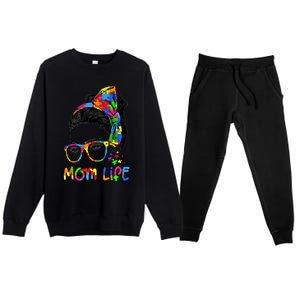 Wo Messy Bun Leopard Autistic Autism Awareness Mom Life Gift Premium Crewneck Sweatsuit Set