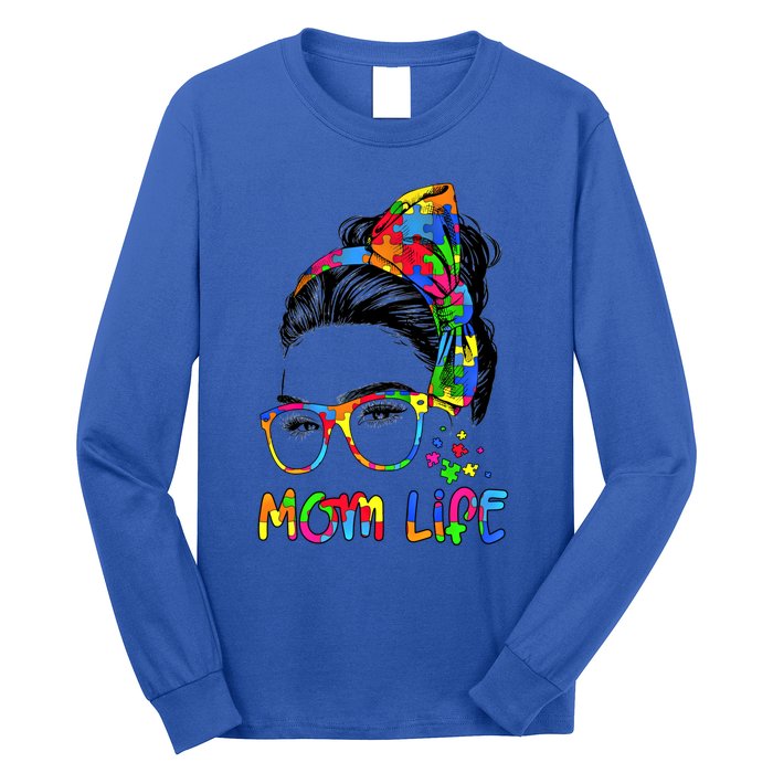 Wo Messy Bun Leopard Autistic Autism Awareness Mom Life Gift Long Sleeve Shirt