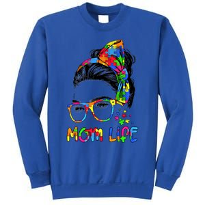 Wo Messy Bun Leopard Autistic Autism Awareness Mom Life Gift Sweatshirt