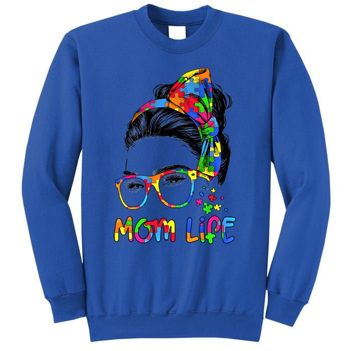 Wo Messy Bun Leopard Autistic Autism Awareness Mom Life Gift Sweatshirt