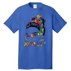 Wo Messy Bun Leopard Autistic Autism Awareness Mom Life Gift Tall T-Shirt