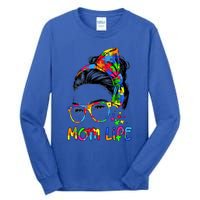 Wo Messy Bun Leopard Autistic Autism Awareness Mom Life Gift Tall Long Sleeve T-Shirt