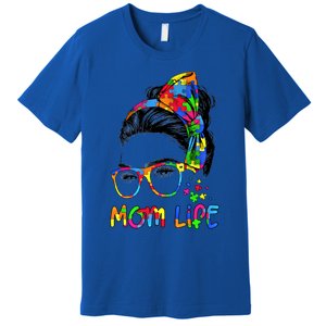 Wo Messy Bun Leopard Autistic Autism Awareness Mom Life Gift Premium T-Shirt